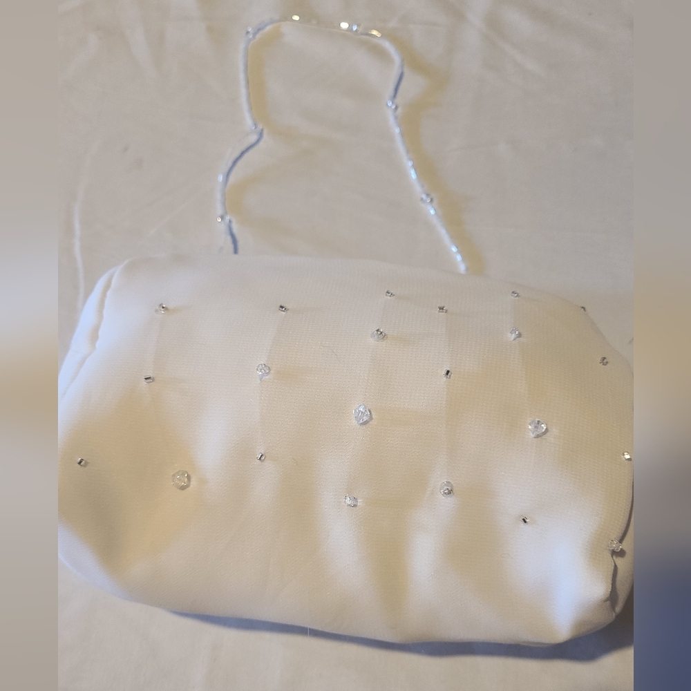 Elegant White Satin Beaded Bridal Clutch